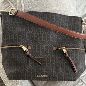 Calvin Klein Black and Brown Monogram Crossbody Bag Huge and Many compartments